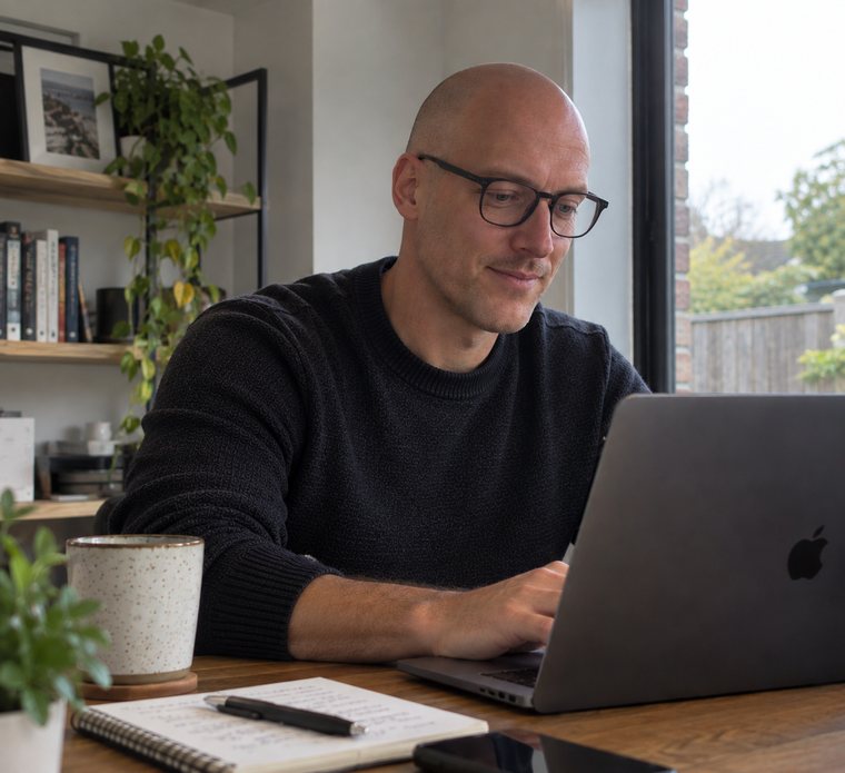 John working on a laptop
