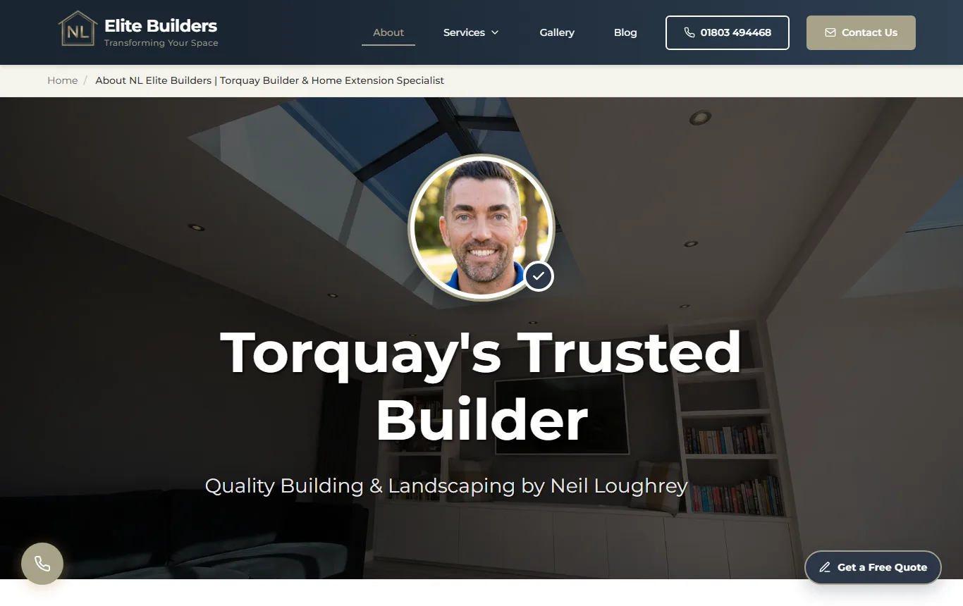 The NL Elite about page, leading with Neil's photo and 'Torquay's Trusted Builder'